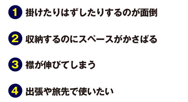 ①掛けたりはずしたりするのが面倒②収納するのにスペースがかさばる③服が伸びてしまう④出張や旅行先で遣いたい